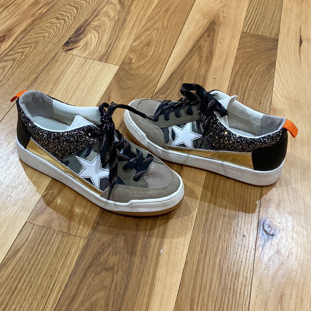 Steve Madden shoes: Camo/black/gold glitter/orange/tan